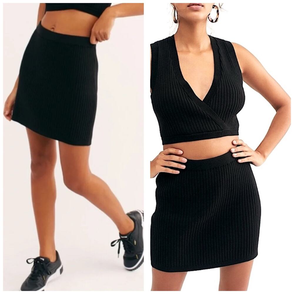 Free People Beach Black Callie Ribbed Mini Skirt Size XS Classic Preppy Knit